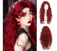 Siudus Parrucca lunga e riccia da donna, con frangia rossa scura, da regina, principessa, sintetica, vintage, per cosplay e anime