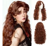 Siudus Parrucca lunga riccia marrone da donna con frangia marrone ondulato regina principessa principessa sintetica vintage cosplay anime costume parrucca per capelli