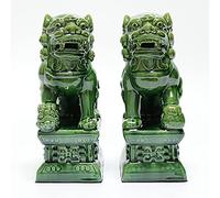 Siunwdiy Statue in Ceramica Feng Shui Cane Foo Artigianale Coppia Leoni Guardiani Asiatici per Ufficio Casa Regali di Inaugurazione e Apertura di Negozi Decorazioni Cinesi,Verde,4.72 * 7.87in