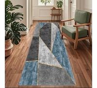 Siunwdiy Tappeto Cucina Antiscivolo Lavabile, Passatoia per Corridoio e Ingresso, Blu e Grigio, Stile Geometrico Moderno，120 x 280 cm