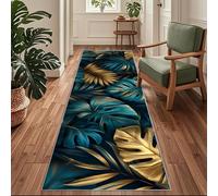 Siunwdiy Tappeto Runner Antiscivolo e Lavabile per Cucina, Corridoio e Ingresso,Foglia Tropicale Blu e Oro ，70 x 140 cm