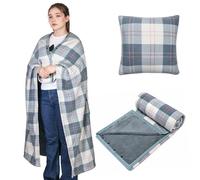 SIVENKE Coperta portatile, cuscino compatto 2 in 1, coperta da donna in pile con bottone, copriletto a quadri, cuscino per letto, divano, ufficio, Azzurro, 135 x 120 cm
