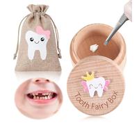 SIWOKJJO Scatola con fatina dei denti con borsa per la fatina dei denti, graziosa scatola in legno intagliato con souvenir 3D, scatola regalo per ricordi dei denti caduti, scatola per i denti per