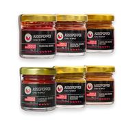 SIX PACK DI CREME DI PEPERONCINO CAROLINA REAPER RED YELLOW CHOCOLATE CARAMEL PEACH E MUSTARD DA 35gr PEPERONCINO AL 99,9%