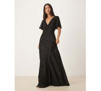 Six Stories - Vestito lungo nero dévoré con maniche con volant, scollo a V e fondo allungato asimmetrico 36