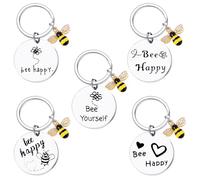 Sixfolo Portachiavi Ape in Metallo con Ciondolo Bee Happy - Regalo da Donna per Insegnante, Bambini, Amica, Collega - Set 5 Pezzi per Feste Compleanno