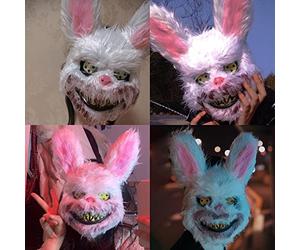 SIXRUN Maschera di Coniglio Spaventoso Peluche e Plastica Cosplay Maschera di Coniglio Horror per Feste di Halloween Uomini Donne Bambini (rosa e bianco)
