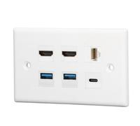 SIXRUN Placca da Parete a 6 Porte, 2xHDMI 2xUSB3.0 1xUSB-C 1xCat6 | Passaggio cavo in ABS, montaggio a incasso 4,53x2,76 pollici, home theater, proiettore, pannello a parete per ufficio