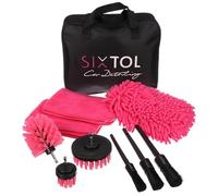 SIXTOL CAR DETAILING PINK 9 | Set di pulizia auto 9 pezzi | Pennelli, spazzole e panni in microfibra | Borsa con cerniera