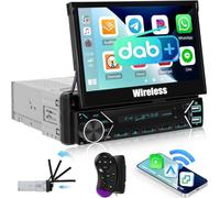 SIXWIN DAB+ Autoradio 1 Din con Schermo Elettrico Retrattile 7 Pollici IPS, Wireless CarPlay e Android Auto, Mirror Link, Bluetooth 5.0, FM, Equalizzatore, USB, AUX, USB-C, Supporto Comandi al Volante