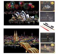 SiYear AntiGraffio Rainbow Paper Sketch Pads, City Series Night View Artigianato Fai-da-Te Regalo Creativo, Scratchboard per Adulti e Bambini, con 4 Strumenti (16 x 11,2 Pollici)