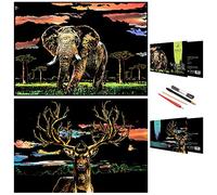 SiYear Scratch Painting Art Paper,Animal Series Scratchboard for Kids & Adults, Gifts&Arts Craft Kits with 4 Tools,Size:16''x11'' (Elephant & Deer)
