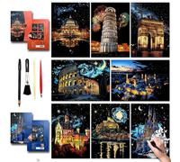SiYear Set di carta da pittura Scratch Art per adulti e bambini, motivo edificio con scena notturna, idea regalo creativa fai da te con 4 strumenti (serie Europa, A3, 8 pezzi)