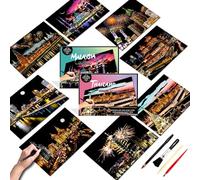 SiYear Set di Carta per Arte Scratch per Adulti e Bambini, Serie Edifici Iconici della Città Scena Notturna, Tavola da Grattare Regalo Creativo Fai da Te Artigianato con Incisione su Foglio con 4