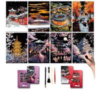 SiYear Set di Carta per Pittura con Graffio per Adulti e Bambini, Serie Edifici Storici Urbani Scena Notturna, Gratta e Vinci Creativo Regalo Fai da Te con 4 Utensili (Serie Asiatica-A3-8Pz)