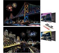 SiYear Set di Carta per Pittura con Graffio per Adulti e Bambini, Serie Edifici Storici Urbani Scena Notturna, Gratta e Vinci Creativo Regalo Fai da Te con 4 Utensili (A3-Seattle + Bay Bridge)