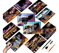 SiYear Set di Carta per Scratch Art Painting per Adulti, Serie Edifici Storici della Città Scena Notturna, Scratchboard Creativo Regalo Fai da Te con 4 Utensili per Incisione su Carta Foil (Europa