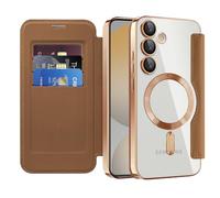 SIYOPINPFY Cover Magnetica per Samsung Galaxy S25 FE Compatibile con MagSafe, Custodia in Pelle PU Flip Portafoglio + Cover Trasparente Back con Scomparto per Schede Blocco RFID Case - Marrone JD