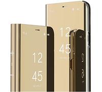 SIYOPINPFY Custodia per Huawei P30 Pro Case, Glitter Placcatura Specchio Trucco Clear View Cover 360 Corpo Completa Protezione Flip Stand Antiurto Phone Cover per Huawei P30 Pro Specchio Oro