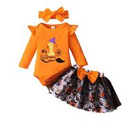 Siyova Completo Neonata di Halloween in 3 Pezzi Abito Neonata Tutu Il Mio Primo Halloween Pagliaccetto a Maniche Lunghe+Gonna in Tulle+Fascia Tuta Bambina di Festa Elegante (Arancione, 12-18 Mesi)