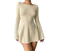 Siyova Mini Abito Donna Sexy Elegante Abito Corto Donna Maniche Lunghe Senza Schienale Tinta Unita A-Line Vestito delle Donneper Il Club del Partito (Bianco Cremoso, M)