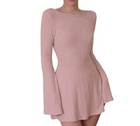 Siyova Mini Abito Donna Sexy Elegante Abito Corto Donna Maniche Lunghe Senza Schienale Tinta Unita A-Line Vestito delle Donneper Il Club del Partito (Rosa, S)