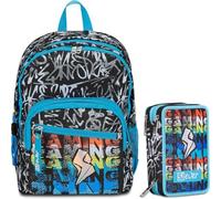 SJ Ever Set Zaino Scuola con Astuccio, Nero e Azzurro, Design Graffiti, Doppio Scomparto con Tasca Porta Borraccia, Astuccio 3 Zip Completo