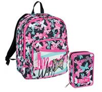 SJ Ever Zaino Scuola con Astuccio, Set 2 Pezzi, Design Butterfly Nero e Rosa, Doppio Scomparto, 30x20x45 cm