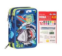SJ Gang Astuccio Scuola 3 Zip, Blu, SharkStory, Portapenne Triplo Scomparto Completo Di Penne, Matite, Colori + 12 Pastelli a Colori