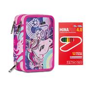 SJ Gang Astuccio Scuola 3 Zip, Rosa, Cuccioli di SJ, Portapenne Triplo Scomparto Completo Di Penne, Matite, Colori + 12 Pastelli a Colori