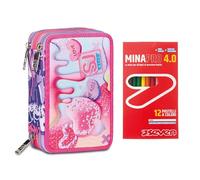 SJ Gang Astuccio Scuola 3 Zip, Rosa, Sphere Full Girl, Portapenne Triplo Scomparto Completo Di Penne, Matite, Colori + 12 Pastelli a Colori