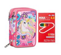 SJ Gang Astuccio Scuola 3 Zip, Rosa, UniBraid, Portapenne Triplo Scomparto Completo Di Penne, Matite, Colori + 12 Pastelli a Colori