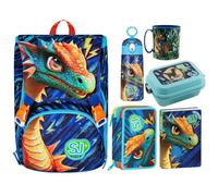 SJ Gang Set Scuola Dragon, Zaino Estensibile 24L con Astuccio, Diario, Borraccia 460ml e Portamerenda, Blu