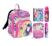 SJ Gang Set Scuola Unicorno, Zaino con Doppio Scomparto, Astuccio 3 Zip, Diario, Borraccia e Ombrello, Rosa e Viola
