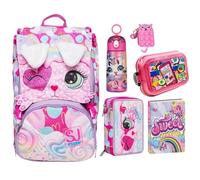 SJ Gang Set Scuola, Zaino Estensibile con Borraccia, Astuccio, Diario, Portamerenda e Gadget, Rosa e Lilla (Gatto)