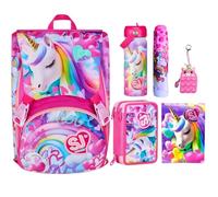 SJ Gang Set Scuola, Zaino Estensibile con Borraccia, Astuccio, Diario, Portamerenda e Gadget, Rosa e Lilla (Unicorno)
