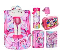 SJ Gang Set Scuola, Zaino Estensibile con Borraccia, Astuccio, Diario, Portamerenda e Gadget, Rosa e Lilla (Peluche)