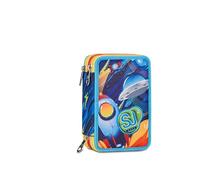 SJ GANG STYLE JAM GANG Astuccio 3 Zip, Triplo Scomparto, Completo di Matite, Pennarelli, Colori, Accessori Zaino, Elementari, Medie, Blue Print, Bambini, blu