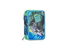 SJ GANG STYLE JAM GANG Astuccio 3 Zip, Triplo Scomparto, Completo di Matite, Pennarelli, Colori, Accessori Zaino, Elementari, Medie, Turchese Fluo, Bambini, verde/blu