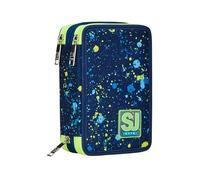 SJ Gang Astuccio Scuola 3 Zip, Blu, Fluo Snow, Portapenne Triplo Scomparto Completo Di Penne, Matite, Colori, Accessori Zaino, Elementari, Medie, Bambino