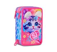 SJ GANG STYLE JAM GANG Astuccio Scuola 3 Zip Cat&Air, Rosa, Portapenne Triplo Scomparto Completo Di Penne, Matite, Colori, Accessori Zaino, Scuola Elementare, Bambina