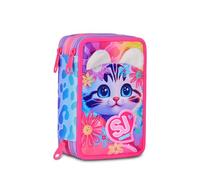 SJ GANG STYLE JAM GANG Astuccio Scuola 3 Zip Cat&Air, Rosa, Portapenne Triplo Scomparto Completo Di Penne, Matite, Colori, Accessori Zaino, Scuola Elementare, Bambina