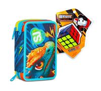 SJ GANG STYLE JAM GANG Astuccio Scuola 3 Zip Dragon Glide, Blu, Portapenne Triplo Scomparto Completo Di Penne, Matite, Colori, Accessori Zaino, Scuola Elementare, Bambino + Cubo di Rubik in regalo
