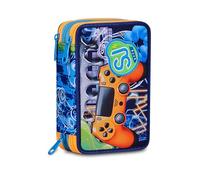 SJ GANG STYLE JAM GANG Astuccio Scuola 3 zip JOYFUL PINS BOY, Blu, Triplo Scomparto, 45 pezzi, Portapenne Attrezzato, Completo di matite, penne e colori, Accessori Zaino, Scuola elementare, Bambino