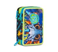 SJ GANG STYLE JAM GANG Astuccio Scuola 3 Zip Led Look, Blu, Portapenne Triplo Scomparto Completo Di Penne, Matite, Colori, Accessori Zaino, Scuola Elementare, Bambino