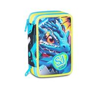 SJ GANG STYLE JAM GANG Astuccio Scuola 3 Zip METAL DRAGON BOY, Celeste, Triplo Scomparto, 45 pezzi, Set cancelleria incluso, Pratica chiusura con zip, Scuola elementare, Bambino
