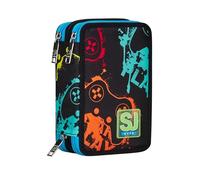 SJ Gang Astuccio Scuola 3 Zip, Nero, Multicolor Game, Portapenne Triplo Scomparto Completo Di Penne, Matite, Colori, Accessori Zaino, Elementari, Medie, Bambino