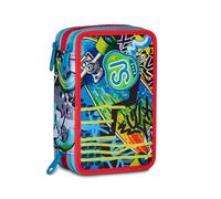 SJ GANG STYLE JAM GANG Astuccio Scuola 3 Zip Sharky Skate, Blu, Portapenne Triplo Scomparto Completo Di Penne, Matite, Colori, Accessori Zaino, Scuola Elementare, Bambino