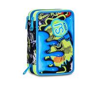 SJ GANG STYLE JAM GANG Astuccio Scuola 3 zip SOFT POUCH BOY, Blu, Triplo Scomparto, 45 pezzi, Portapenne Attrezzato, Completo di matite, penne e colori, Accessori Zaino, Scuola elementare, Bambino