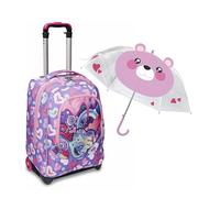 SJ GANG STYLE JAM GANG Trolley Scuola 2 in 1, Rosa, Uso Zaino con Spallacci a Scomparsa, Scuola Elementare Bambina + Ombrello Rosa, Fantasia Orso